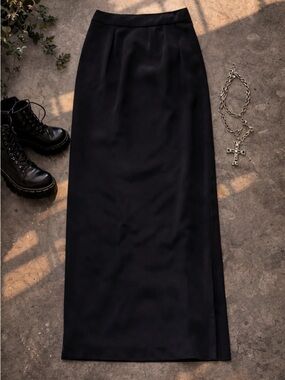 90s Vintage Black Midi Skirt High Rise Formal Preppy Goth Y2K